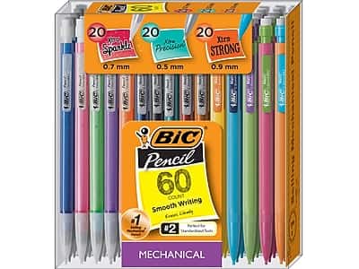 BIC Pencil  
60 COUNT  
Smooth Writing  
#2  
Perfect for Standard Tests  
MECHANICAL  

20 Extra Sparkle  
0.7 mm  

20 Extra Precision  
0.5 mm  

20 Extra Strong  
0.9 mm  

1 fr  
#2
