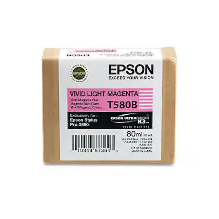 EPSON
EXCEED YOUR VISION
VIVID LIGHT MAGENTA
T580B
Vivid Magenta Clair
Magenta Vivo Claro
Magenta Vivo Claro
Vivid Magenta Chiaro
Exclusively for:
Epson Stylus Pro 3880
EPSON ULTRACHROME K3 Ink
VIVID MAGENTA
80ml fill vol.
U.S. PAT. Nos. 7,264,334
7,246,882
7,152,965
6,832,830
C13T580B00
0 10343 87364 3
MADE IN JAPAN
C13T580B30
MADE IN JAPAN