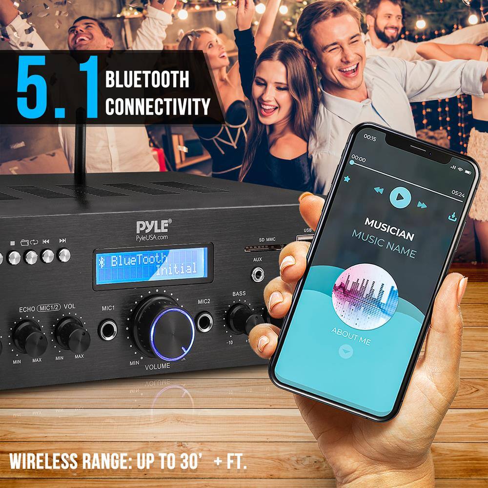 5.1 BLUETOOTH CONNECTIVITY

PYLE
PyleUSA.com

BlueTooth Initial

MUSICIAN
MUSIC NAME
05:24
ABOUT ME

WIRELESS RANGE: UP TO 30' + FT.