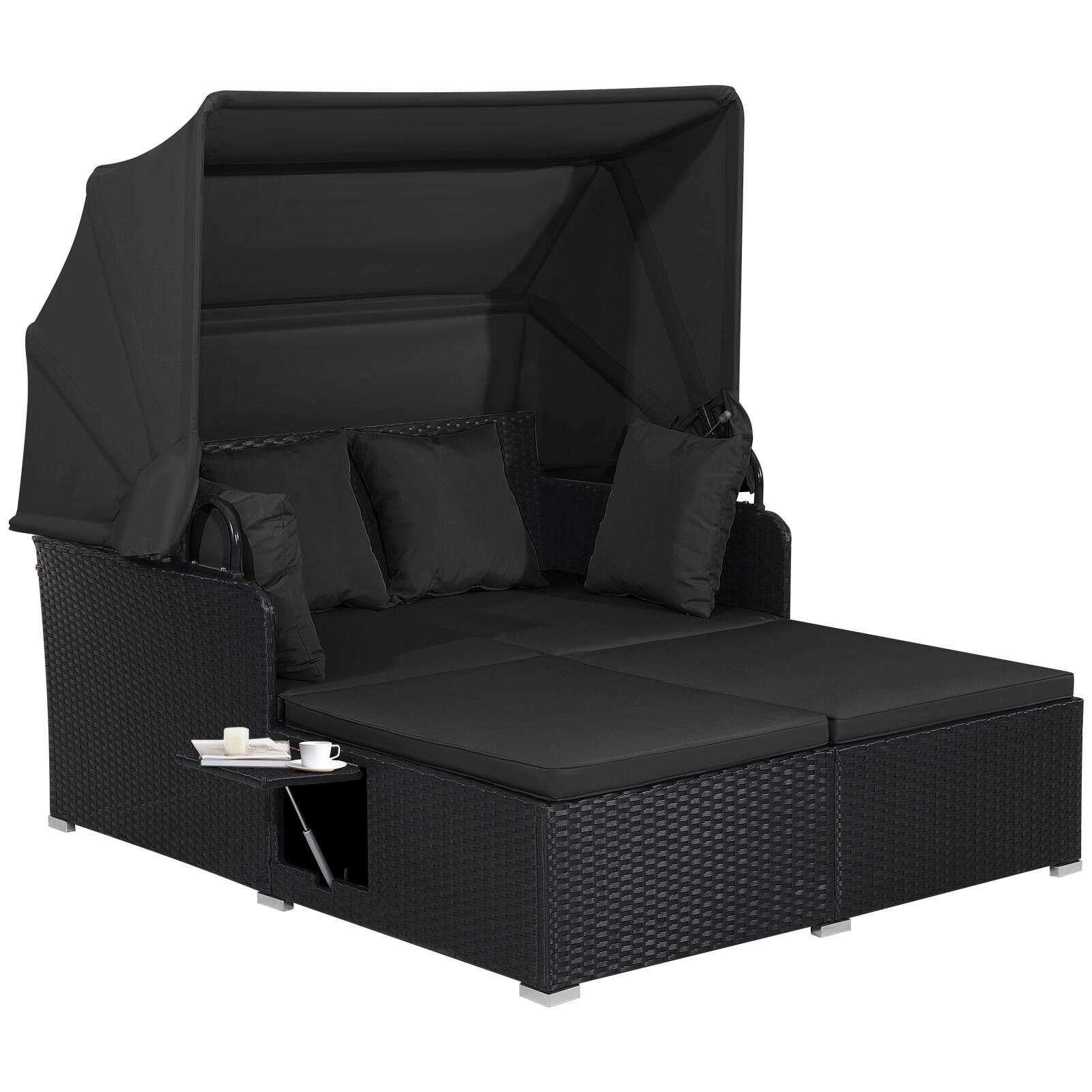 Alt View 1. Gymax - Gymax Patio Rattan Daybed Lounge Retractable Top Canopy Side Tables Cushions Beige Outdoor - Black.