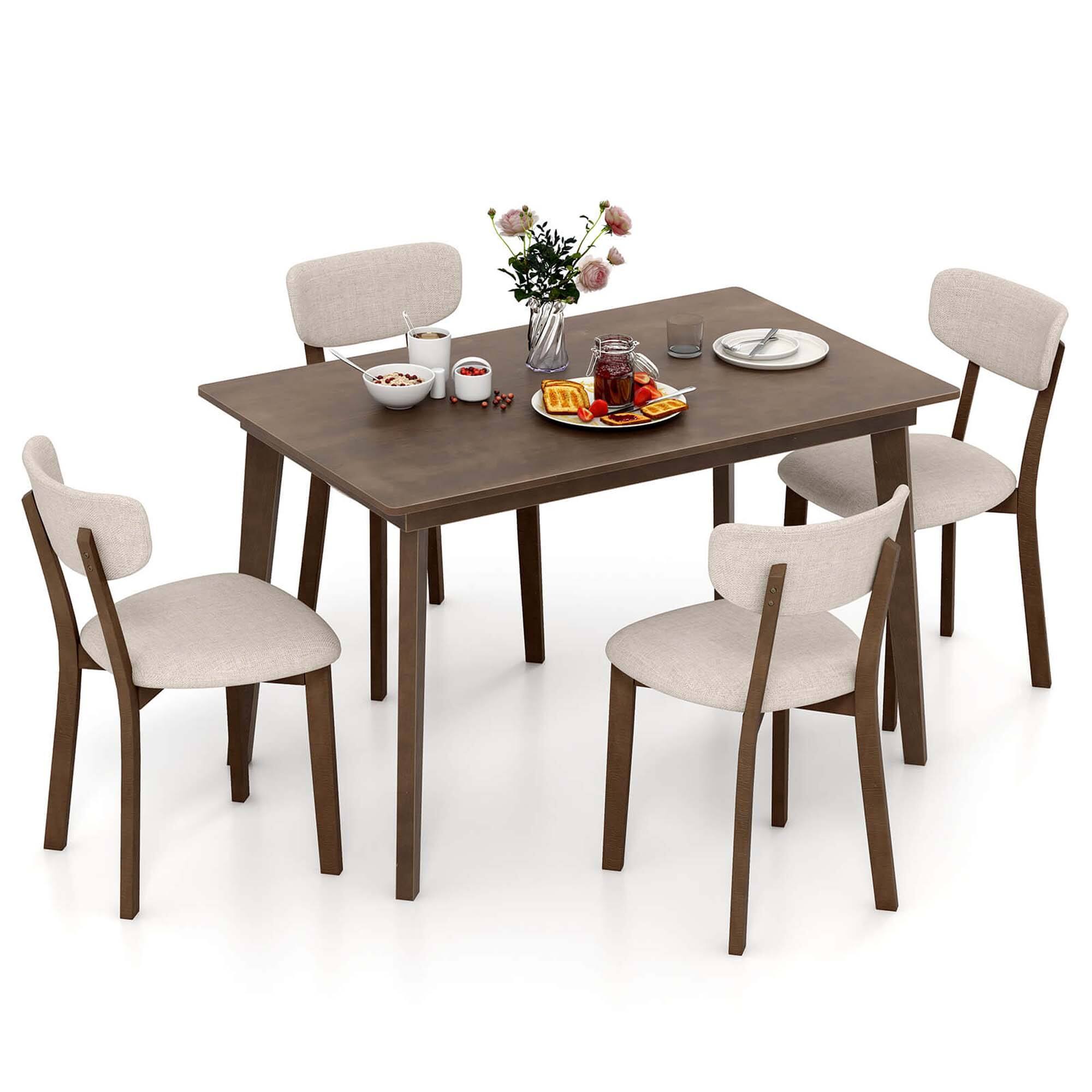 Front. Costway - 5-Piece Dining Table Set for 4 Farmhouse Wooden Table & 4 Upholstered Chairs - Brown,Light Brown.