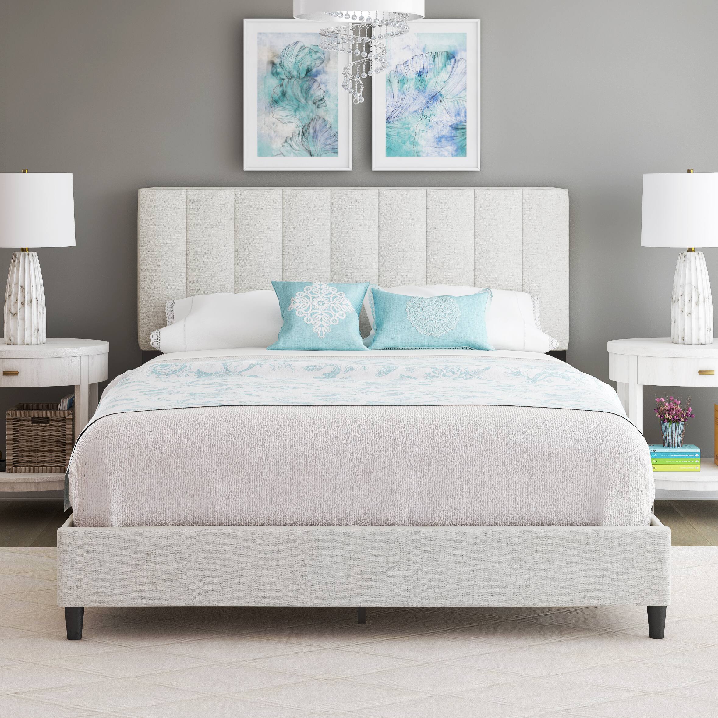 Alt View 4. Boyd Sleep - Leah Upholstered Platform Bed Frame, 13 Slat Support, No Box Spring Required, Full - Beige.