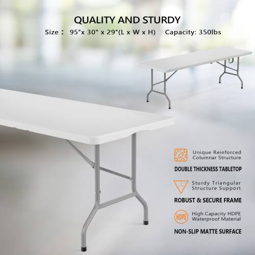 QUALITY AND STURDY  
Size: 95" x 30" x 29" (L x W x H)  
Capacity: 350lbs  

Unique Reinforced Columnar Structure  
DOUBLE THICKNESS TABLETOP  
Sturdy Triangular Structure Support  
ROBUST & SECURE FRAME  
High Capacity HDPE Waterproof Material  
NON-SLIP MATTE SURFACE
