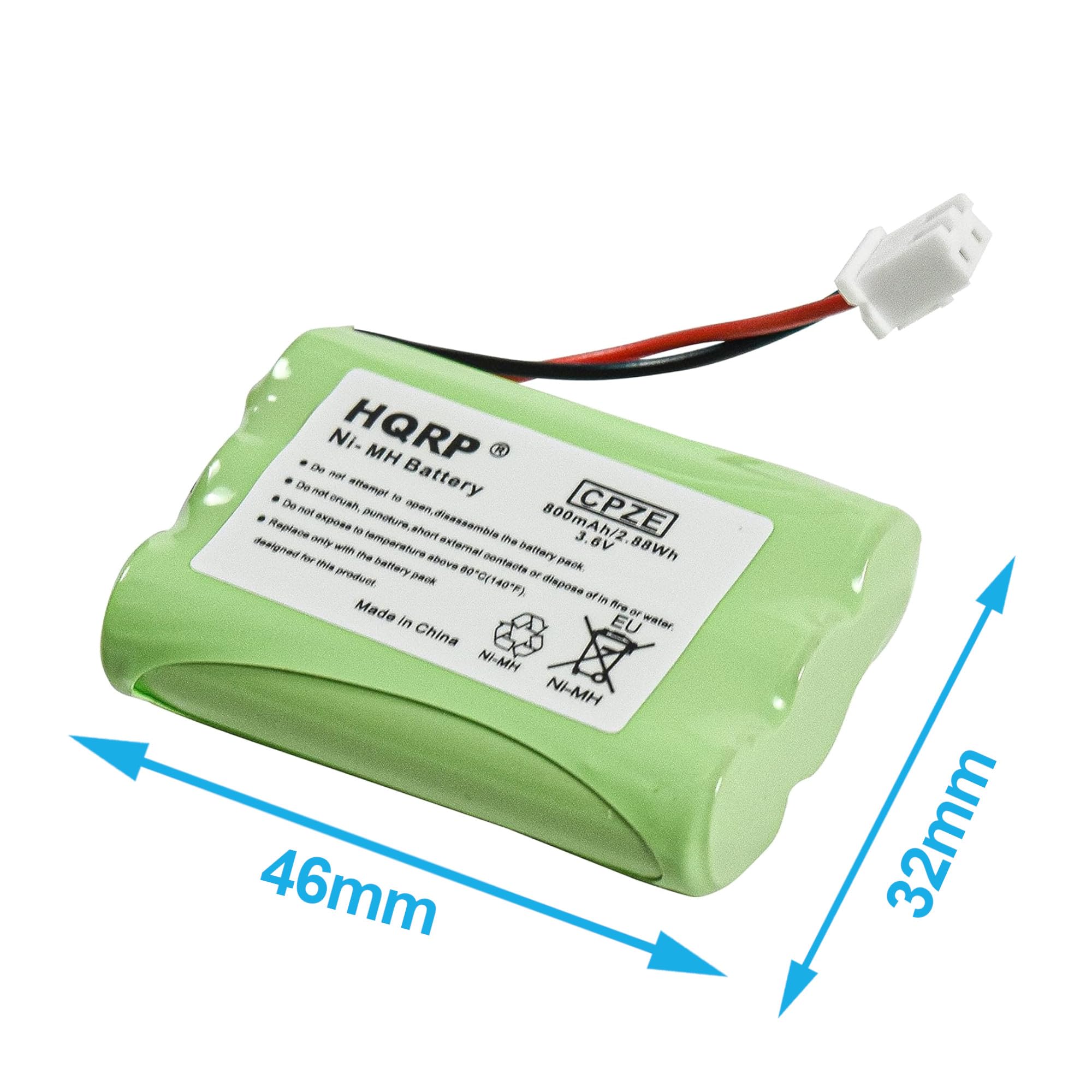 HQRP Ni-MH Battery  
CPZE  
900mAh/2.8Wh  
3.6V  
Made in China  
Ni-MH  
46mm x 32mm