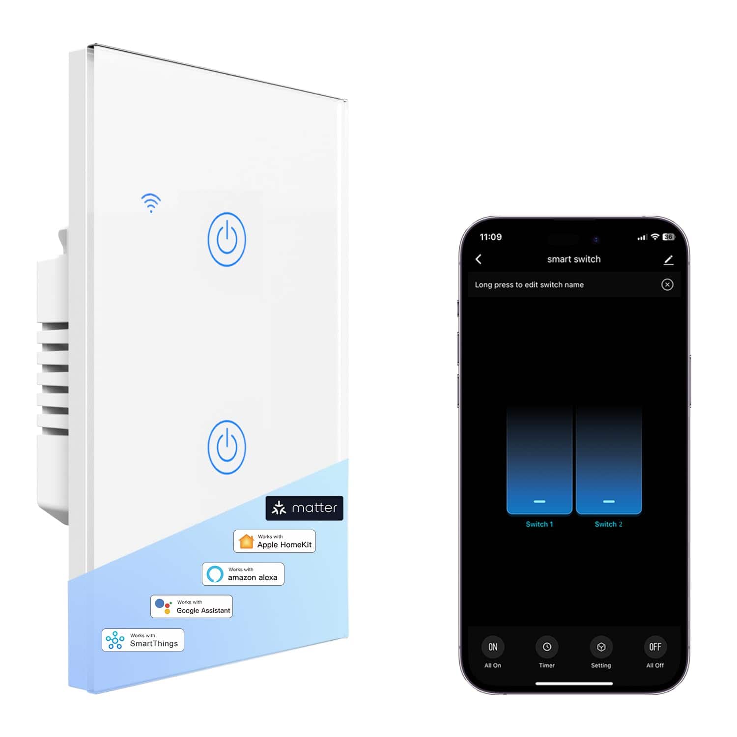 Schertz - 2-Gang Touch WiFi Light Switch with Glass Panel, Works with Apple HomeKit, Alexa & Google Home, Neutral Wire Required