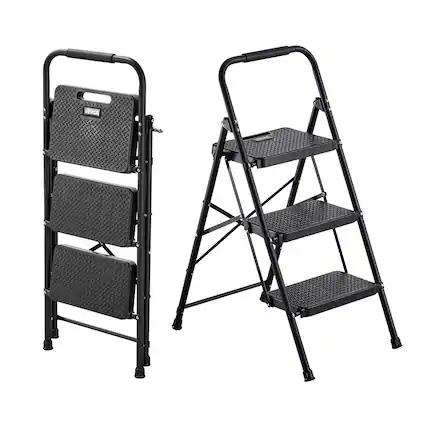 Front. VEVOR - 3 Step Ladder, Folding Step Stool with Wide Anti-Slip Pedal and Comfort Handgrip, Lightweight 600 lbs Capacity - Black.