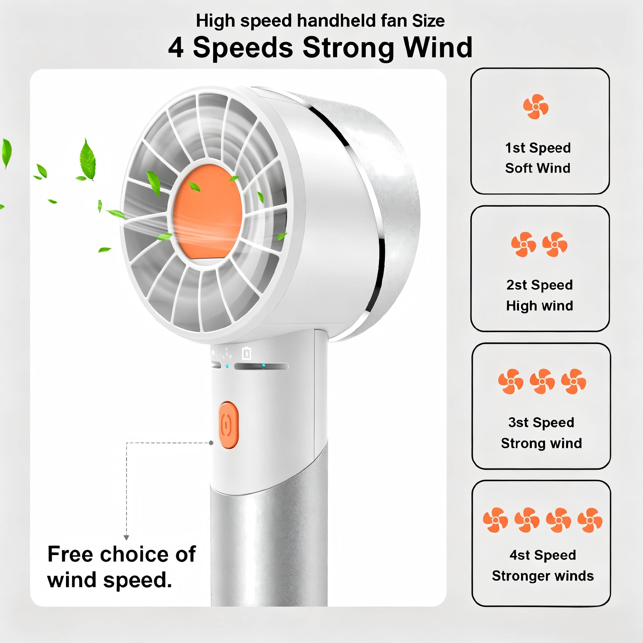 High speed handheld fan Size 4 Speeds Strong Wind

1st Speed Soft Wind
2nd Speed High wind
3rd Speed Strong wind
4th Speed Stronger winds

Free choice of wind speed.