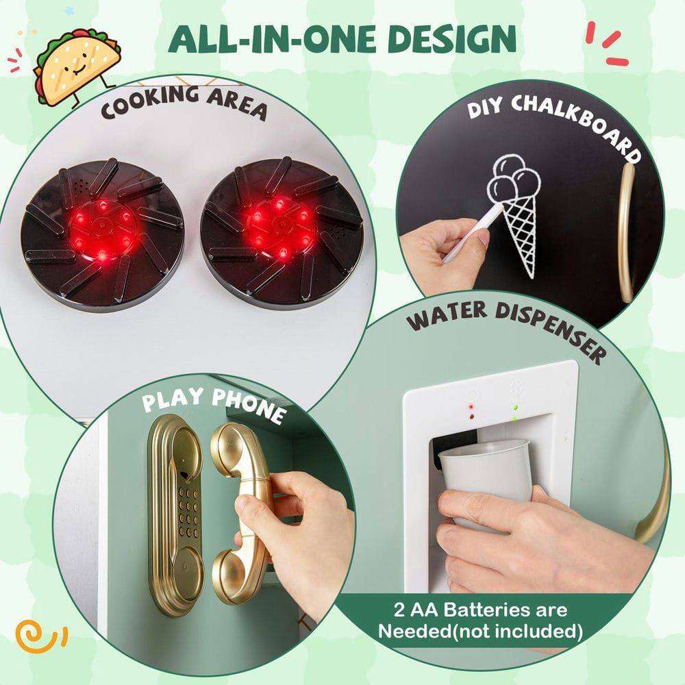 ALL-IN-ONE DESIGN

COOKING AREA

DIY CHALKBOARD

WATER DISPENSER

PLAY PHONE

2 AA Batteries are Needed (not included)