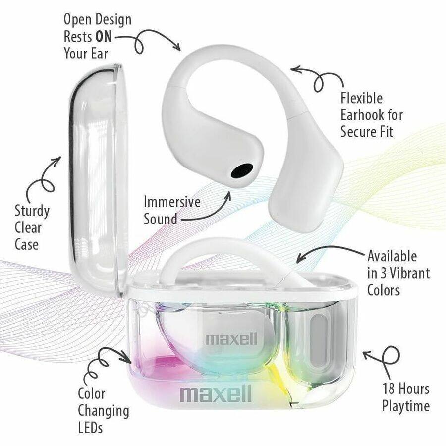 Open Design Rests ON Your Ear  
Flexible Earhook for Secure Fit  
Sturdy Clear Case  
Immersive Sound  
Available in 3 Vibrant Colors  
maxell Color Changing LEDs  
maxell 18 Hours Playtime