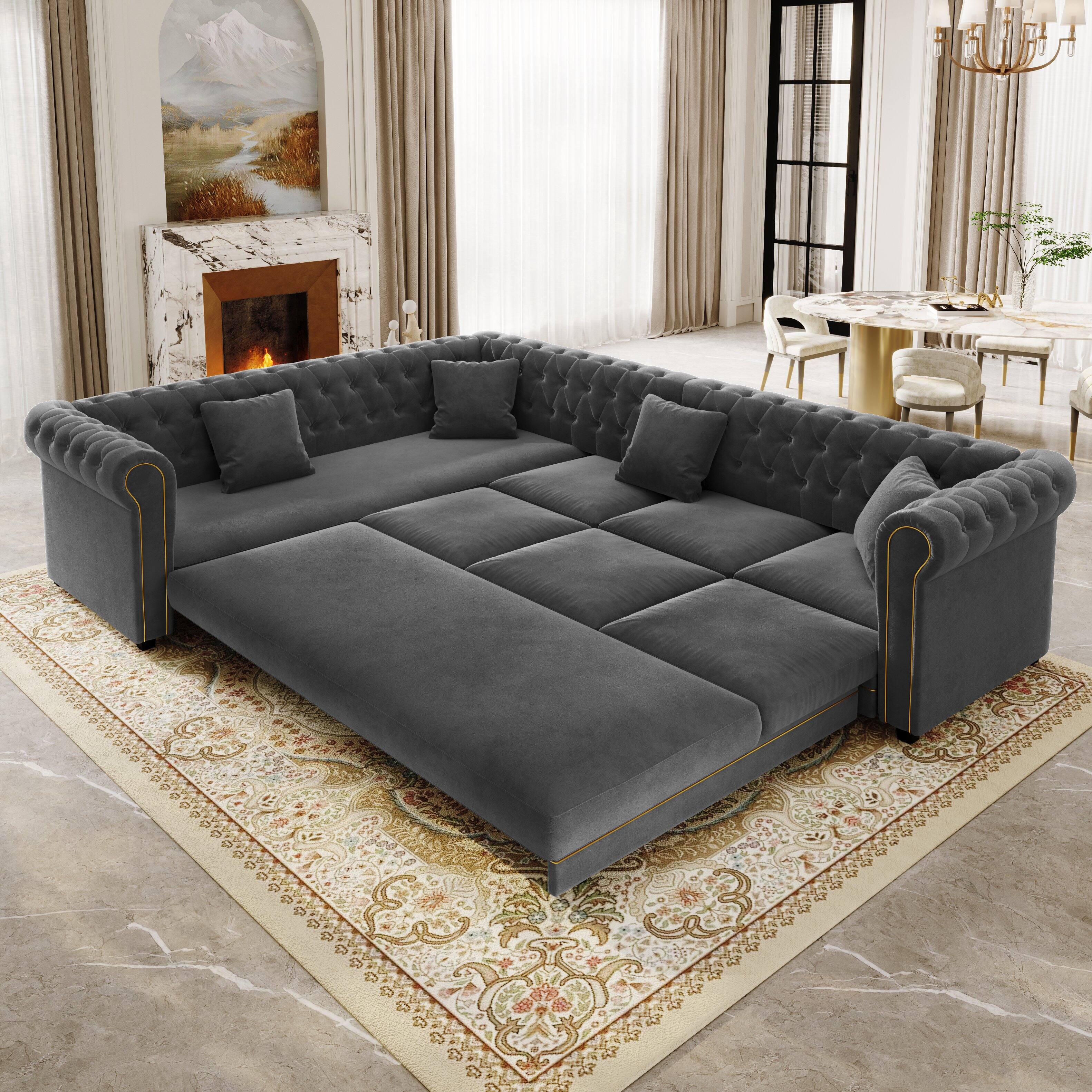 Left. Anysun - 115.3" L-Shaped Sofa Couch with Pull-Out Bed – Velvet Button Tufted Couch with Gold Trim Rolled Arms, with Throw Pillows - Grey.