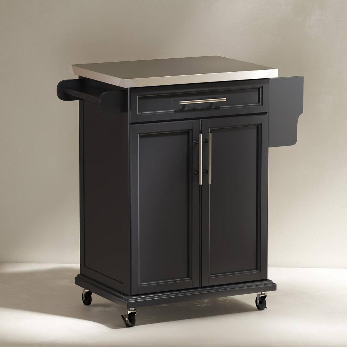 Angle. Loheer - Loheer Rolling Kitchen Cart with Stainless Steel Countertop and Storage Drawer Black Kitchen Island on Wheels - Black.