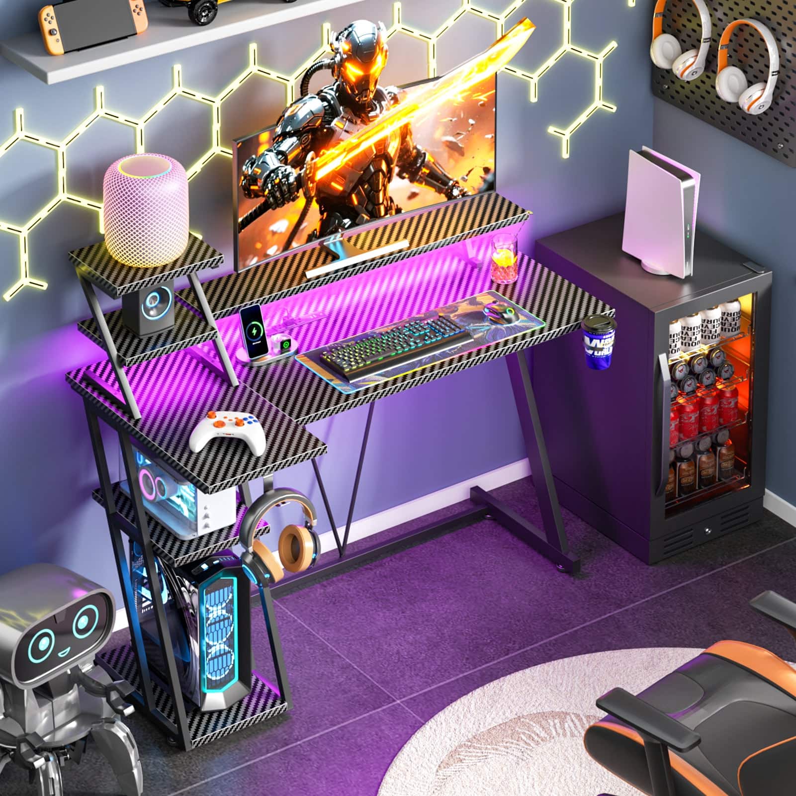 Furnulem - 39 In Gaming Desk with Monitor CPU StandHome Office Desk with Power OutletRGB LED LightsCup Holder Headphone Hook - Black