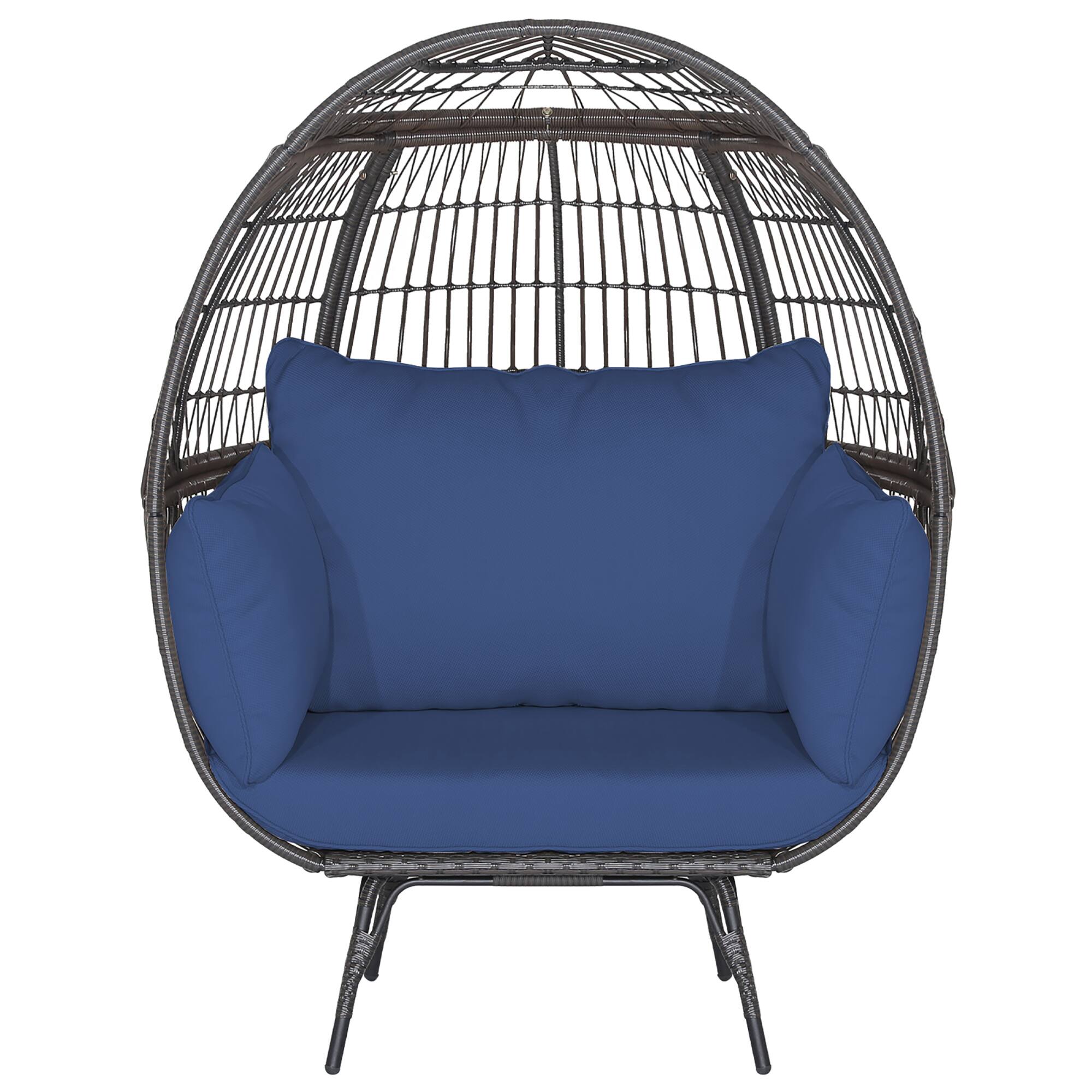 Gymax - Patio Rattan Wicker Lounge Chair Oversized Outdoor Metal Frame Egg Chair w/ 4 Cushions - Mix Brown, Navy