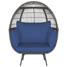 Gymax - Patio Rattan Wicker Lounge Chair Oversized Outdoor Metal Frame Egg Chair w/ 4 Cushions - Mix Brown, Navy