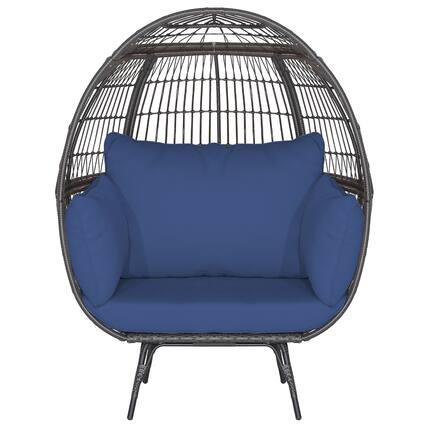 Front. Gymax - Gymax Patio Rattan Wicker Lounge Chair Oversized Outdoor Metal Frame Egg Chair w/ 4 Cushions - Mix Brown, Navy.
