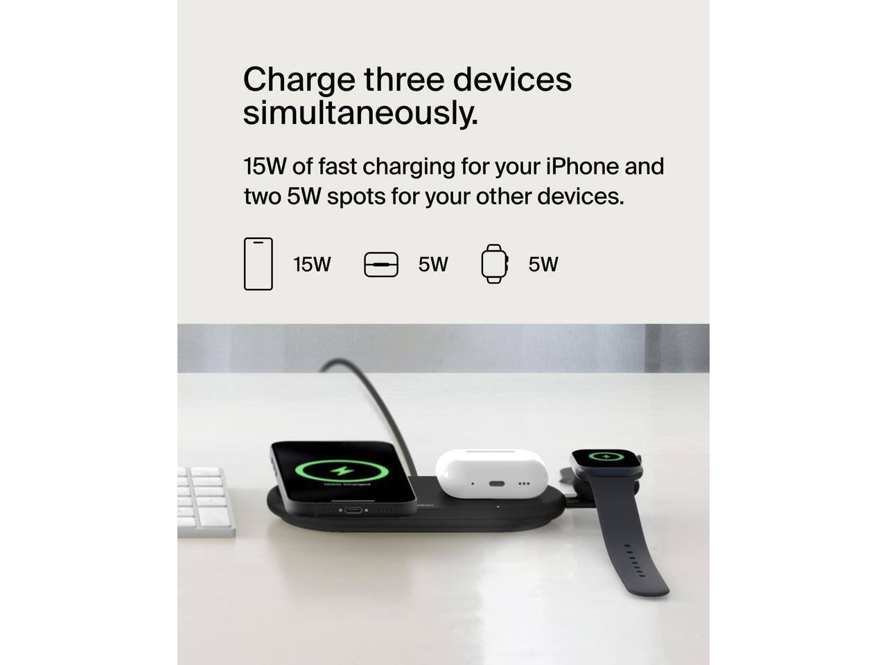 Charge three devices simultaneously.  
15W of fast charging for your iPhone and two 5W spots for your other devices.  
15W 5W 5W