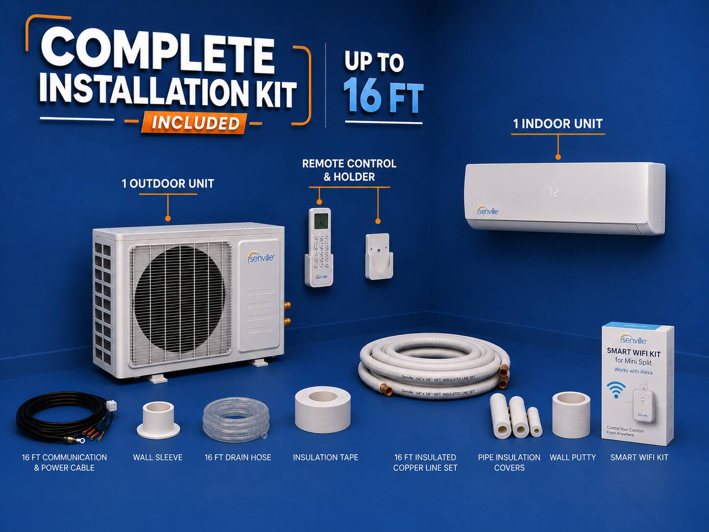 COMPLETE INSTALLATION KIT UP TO 16 FT INCLUDED

1 INDOOR UNIT
1 OUTDOOR UNIT
REMOTE CONTROL & HOLDER

5 senville -e Secole NO H POUAIR UE S

senville SMART WIFI KIT for Mini Split Works with Alexa

16 FT COMMUNICATION & POWER CABLE
WALL SLEEVE
16 FT DRAIN HOSE
INSULATION TAPE
16 FT INSULATED COPPER LINE SET
PIPE INSULATION
WALL PUTTY
SMART WIFI KIT COVERS