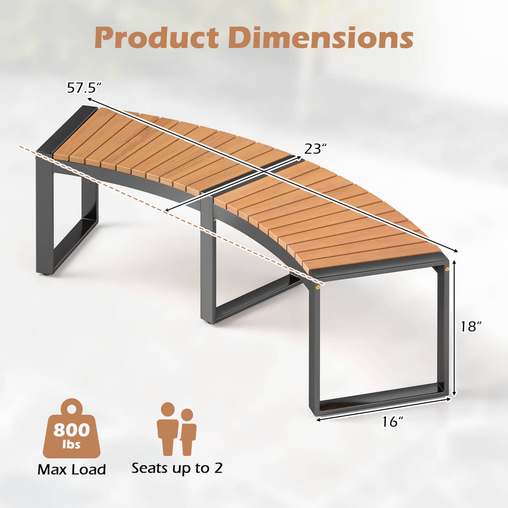 Product Dimensions: 57.5" x 23" x 18" - 800 lbs - 16" Max Load - Seats up to 2.