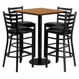 Emma + Oliver - 30" Square Laminate Table Set with 4 Ladder Back Metal Barstools - Natural Top/Black Vinyl Seat
