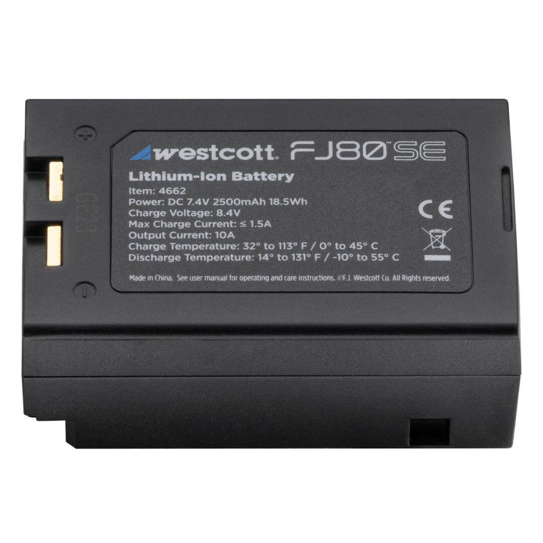 Westcott FJ80SE Lithium-ion Battery  
Item: 4662  
Power: DC 7.4V 2500mAh 18.5Wh  
Charge Voltage: 8.4V  
Max Charge Current: ≤ 1.5A  
Output Current: 10A  
Charge Temperature: 32° to 113°F / 0° to 45°C  
Discharge Temperature: 14° to 131°F / -10° to 55°C  
Made in China  
See user manual for operating and care instructions. ©F.J. Westcott Co. All Rights reserved.