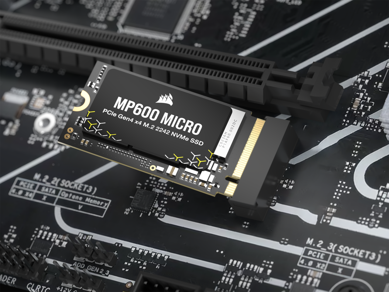 MP600 MICRO  
PCIe Gen4 x4 M.2 2242 NVMe SSD  
C0236H P1AF60 002DC  

M.2 2 (SOCKET3)  
PCIe 4.0 x4  
SATA x1  
Optane Memory y  

M.2 3 (SOCKET3)  
PCIe 4.0 x2  
SATA x1  

ADD GEN 2_3  
CLRTC +12V A