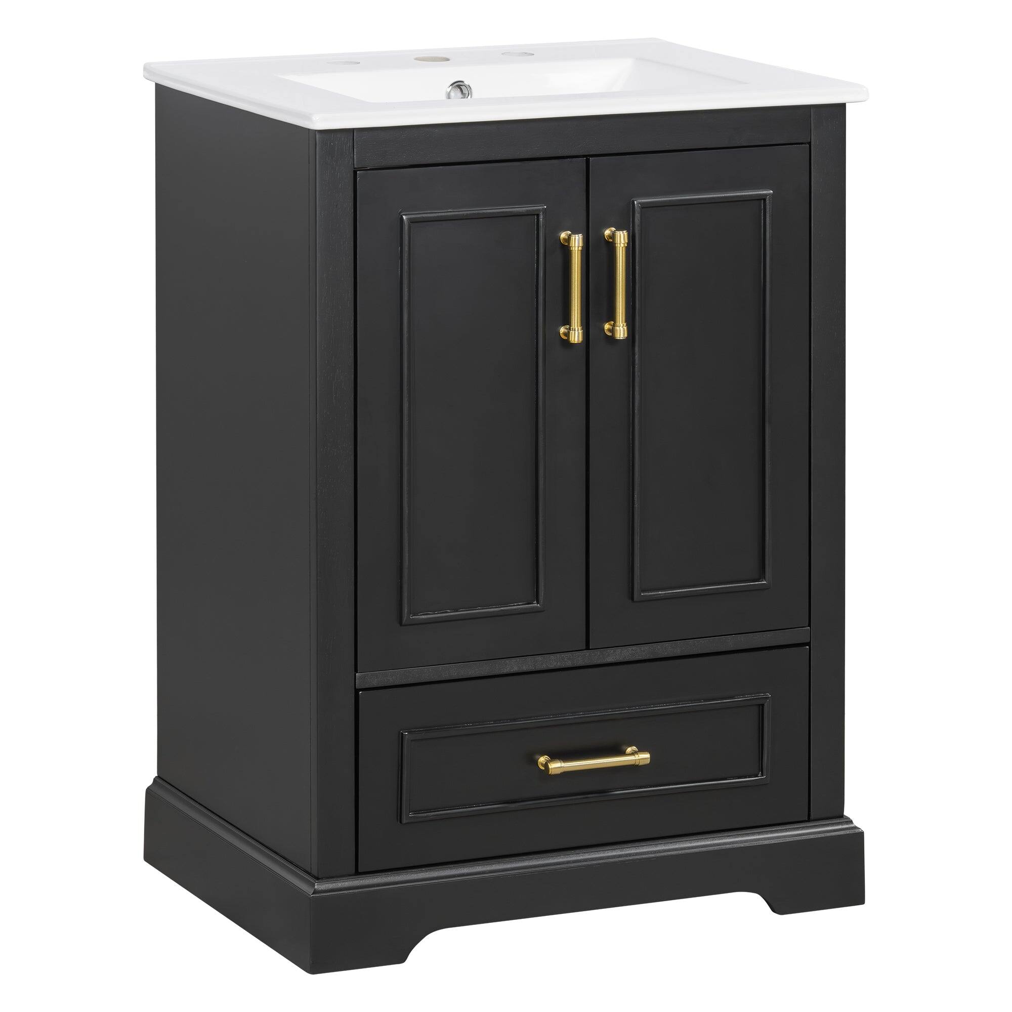 Left. Boyel Living - 24 Inch Black Bathroom Vanity with Ceramic Sink, Divider Drawer 2 Soft Close Doors with Dual Door Storage Racks - Black.