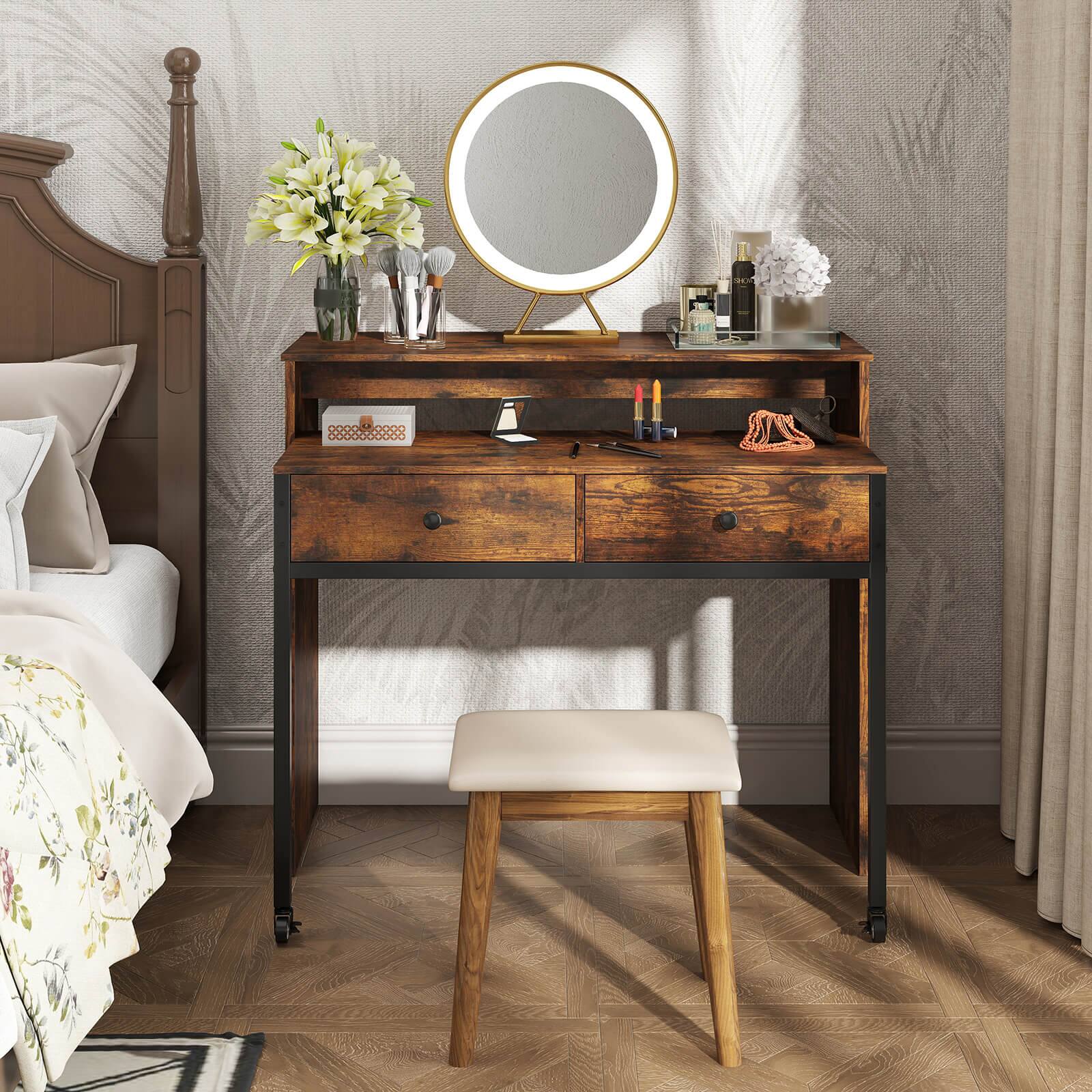 Alt View 3. Costway - Costway 39.5" Expandable Rolling Computer Desk with Monitor Shelf 2-tier Desktop 2 Drawers - Brown.