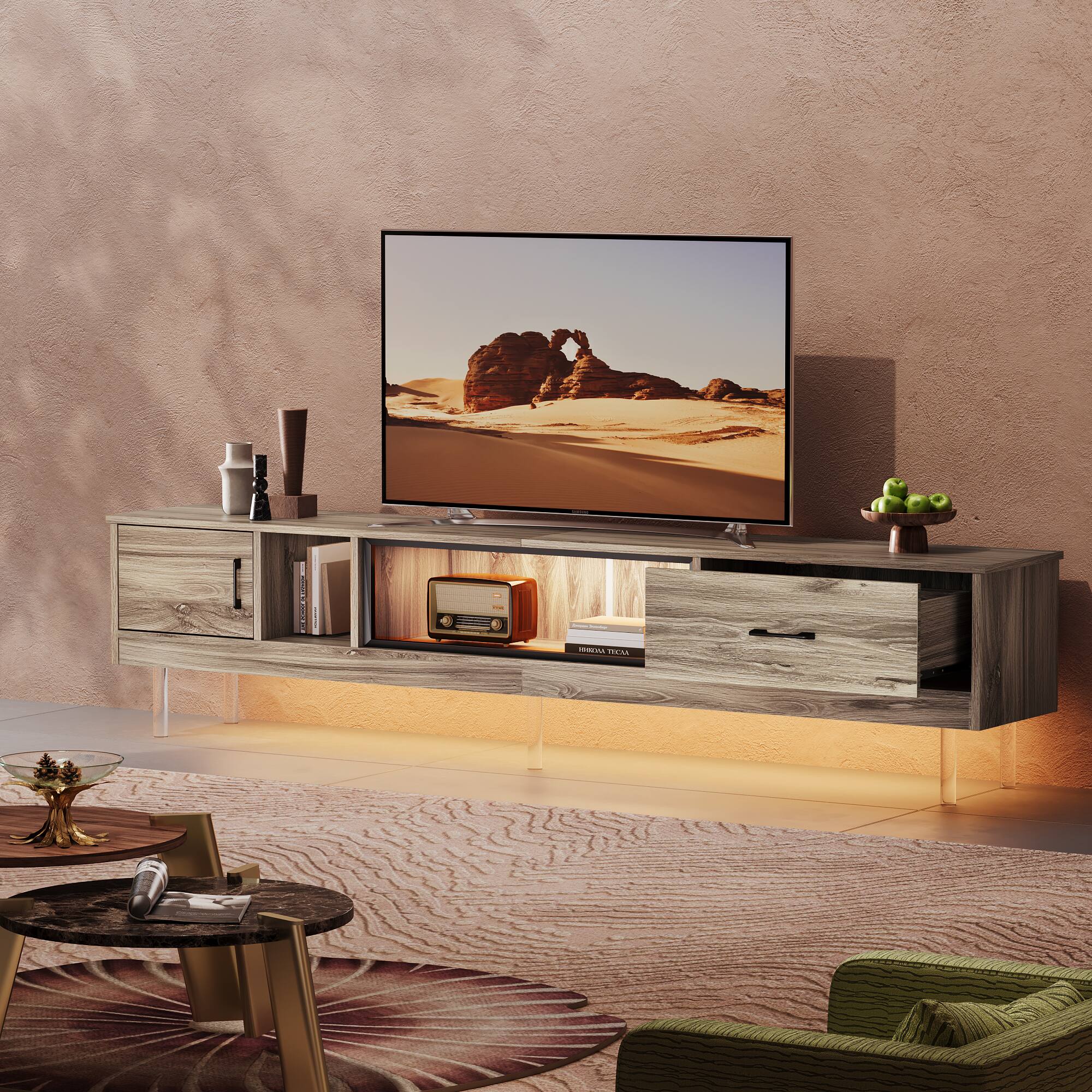 Alt View 2. Bestier - Gaming TV Stand for up to 85", 80-inch LED Entertainment Center with Drawer, 2 Cabinets & Acrylic Legs - Pinewood.