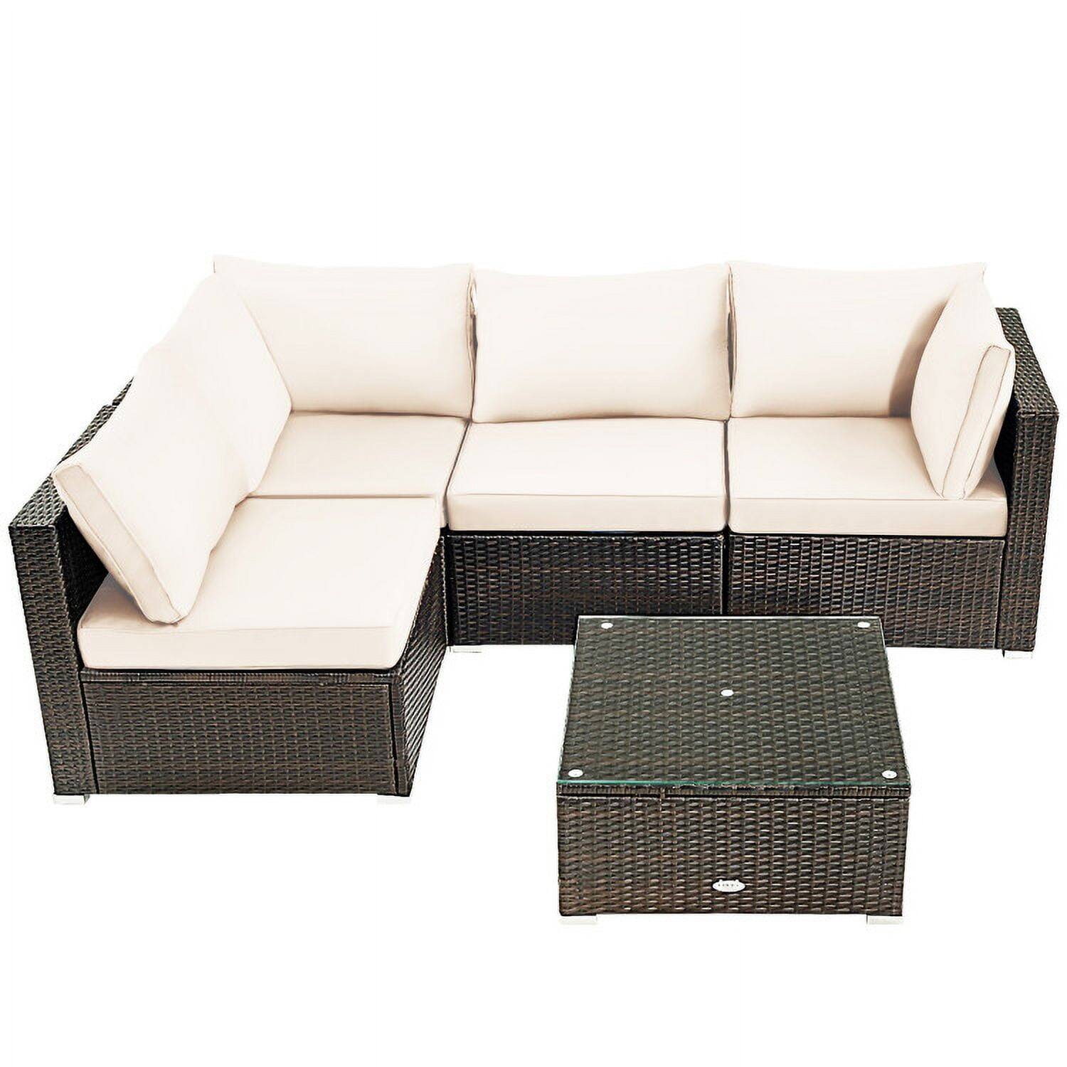 Left. Kadyn - 5 Pieces Cushioned Patio Rattan Furniture Set with Glass Table-White, Patio Seating Conversation Set - White.