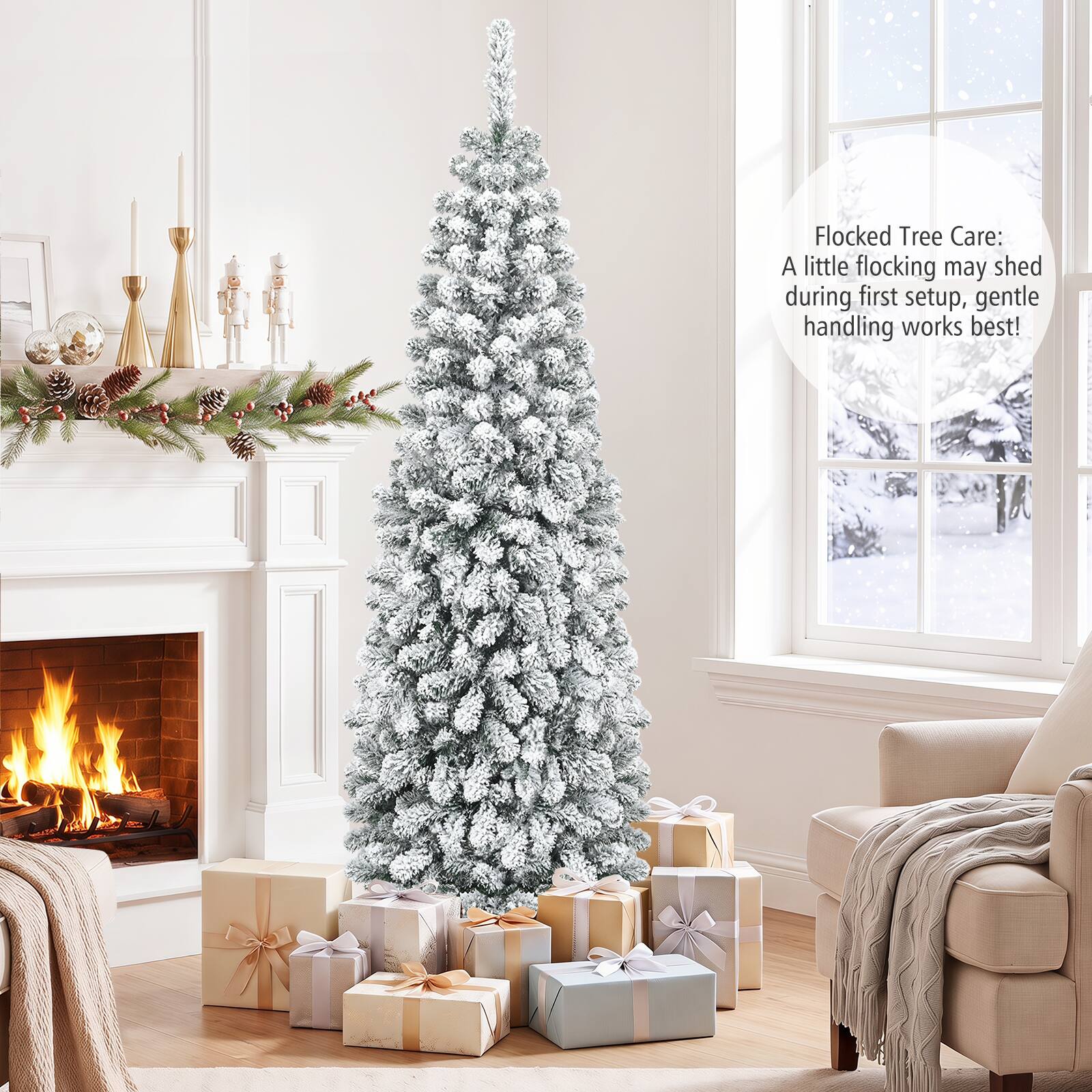 Flocked Tree Care: A little flocking may shed during first setup, gentle handling works best!