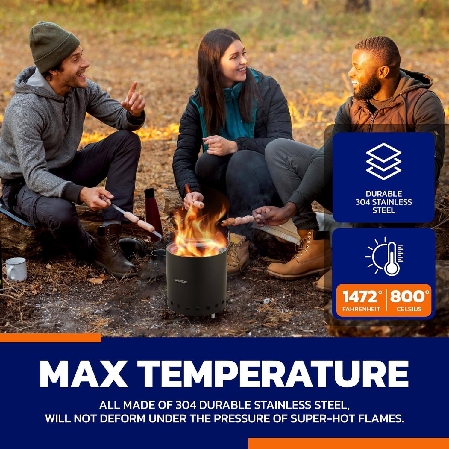 MAX TEMPERATURE, DURABLE 304 STAINLESS STEEL, ALL MADE OF 304 DURABLE STAINLESS STEEL, WILL NOT DEFORM UNDER THE PRESSURE OF SUPER-HOT FLAMES.