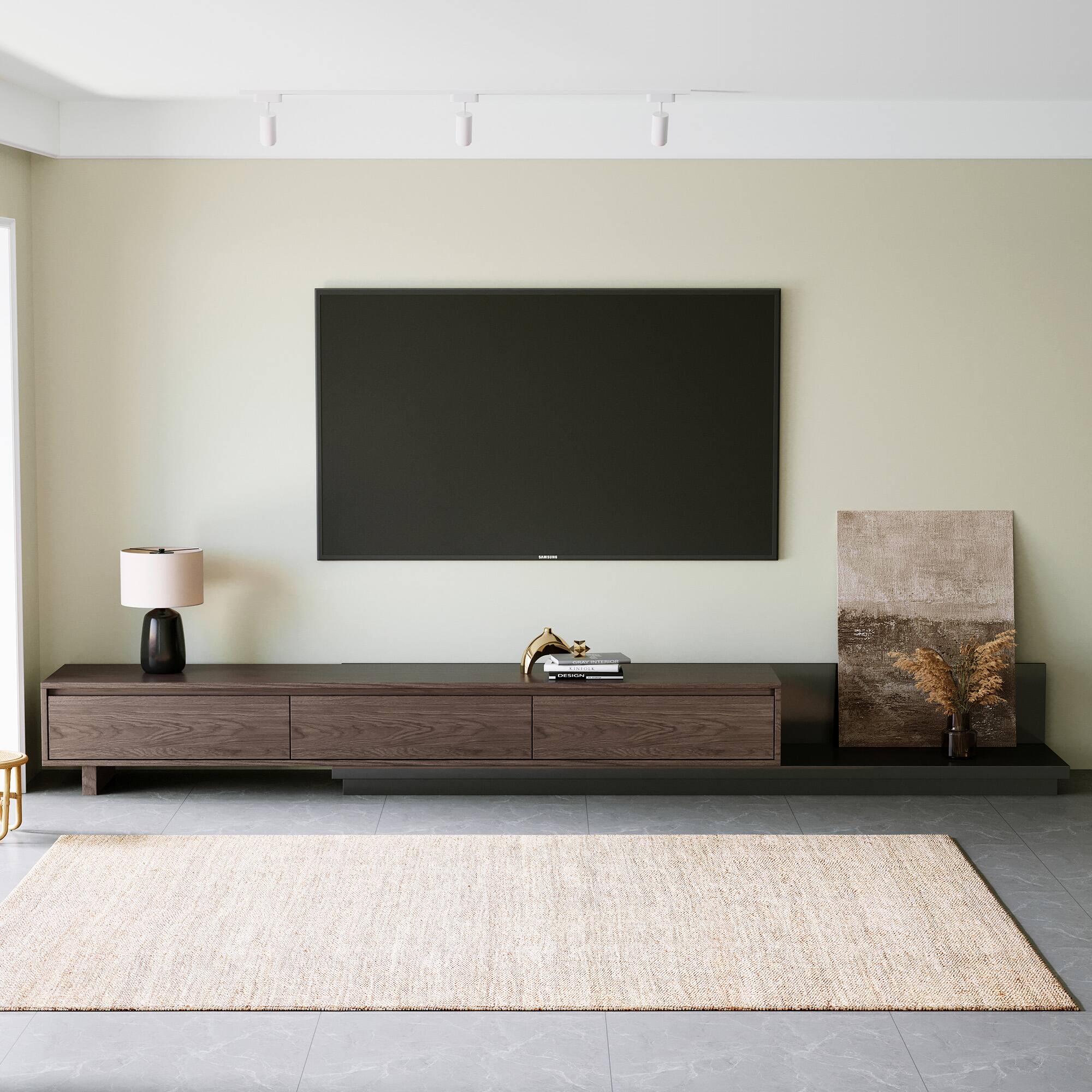 Left. luck idea - 78.7"-141.7" Expandable TV Stand | 3 Storage Drawers & Wood Grain Decorative Panel - Black walnut color.