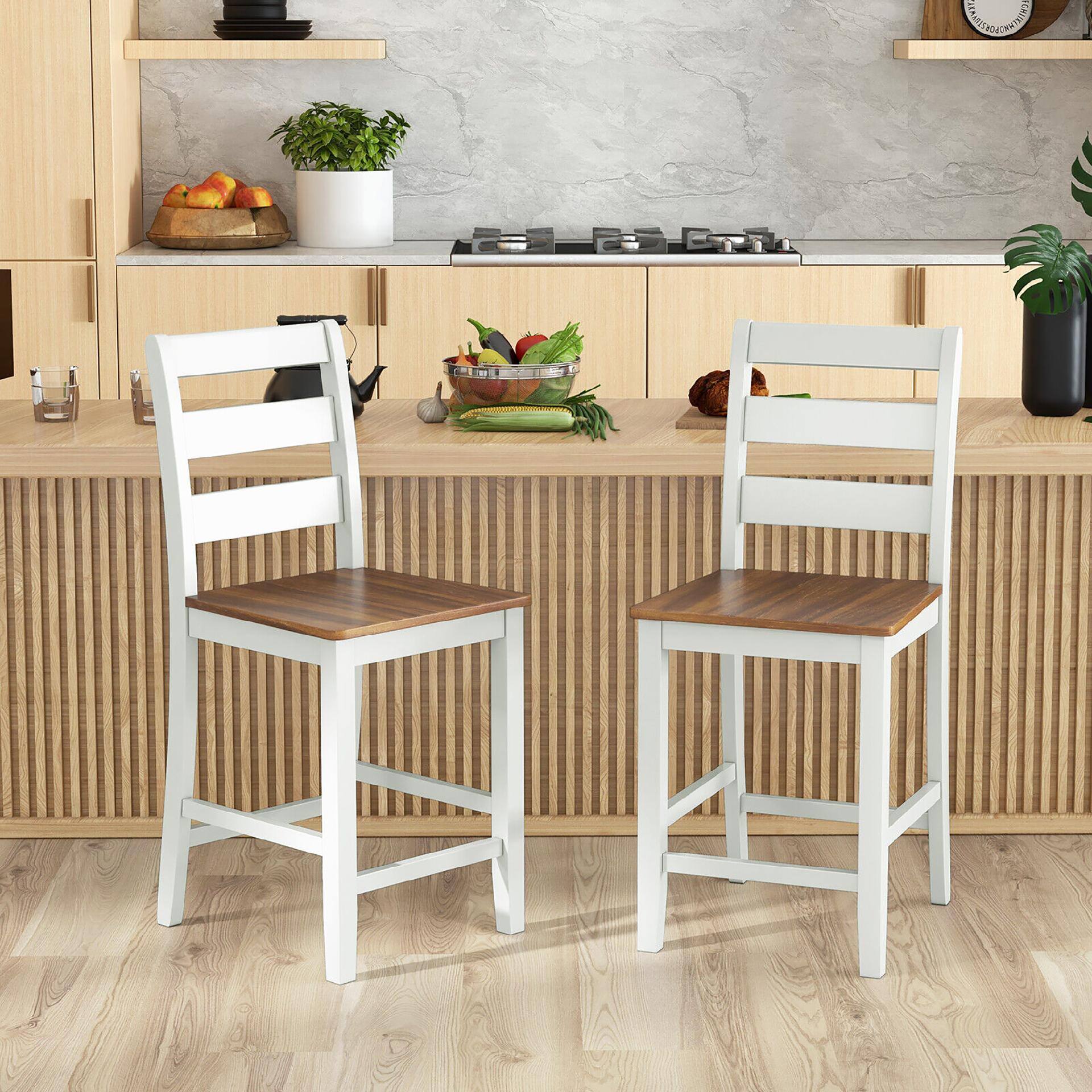 Alt View 3. Gymax - Gymax Set of 4 Counter Height Chairs w/ Inclined Backrest Rubber Wood Crossbars - Gray, Walnut.