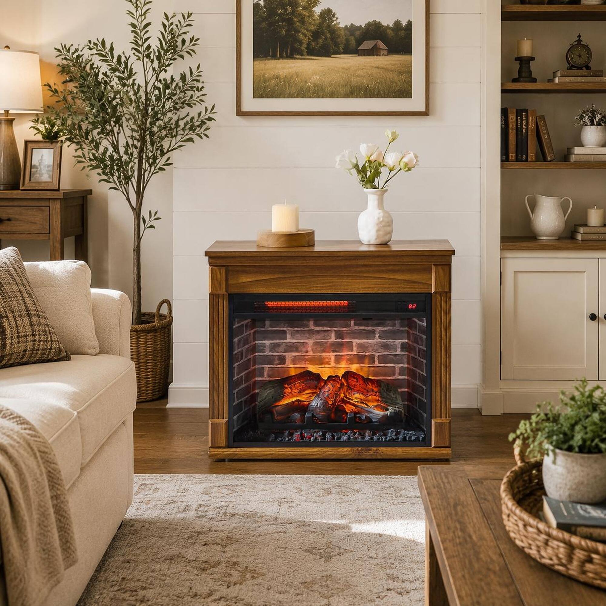 Angle. RYHNUYNE - 28 Inch TV Media Entertainment Center with Electric Fireplace – Mobile Stand with Caster Wheels - Dark Oak.