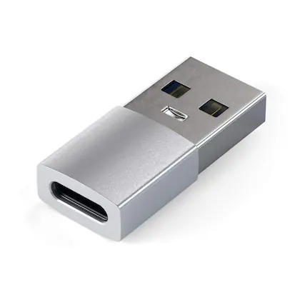 Front. Satechi - USB-A to USB-C Adapter - High-Speed Data Transfer & Power Delivery Charging, Designed for CarPlay - Silver.