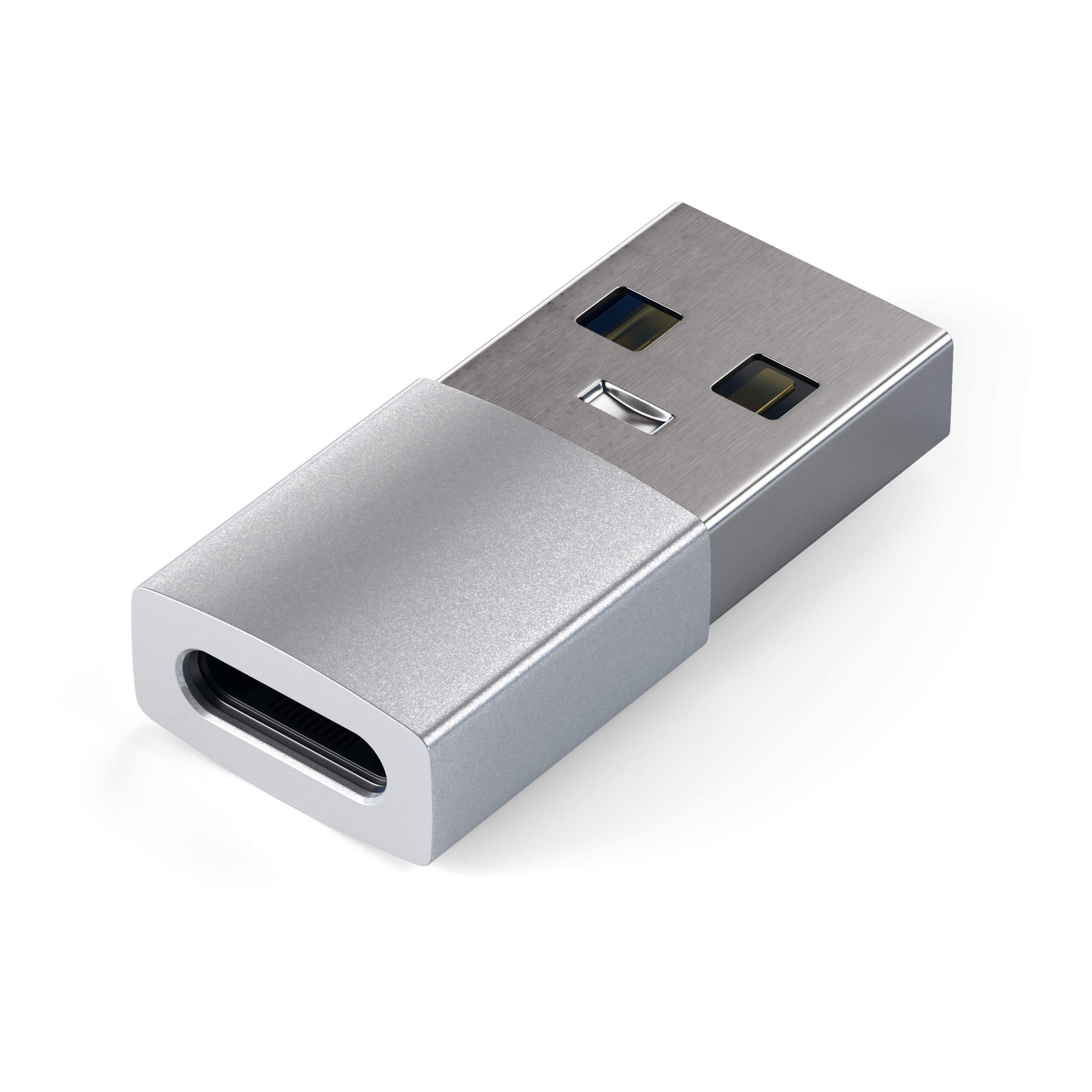 Front. Satechi - USB-A to USB-C Adapter - High-Speed Data Transfer & Power Delivery Charging, Designed for CarPlay - Silver.