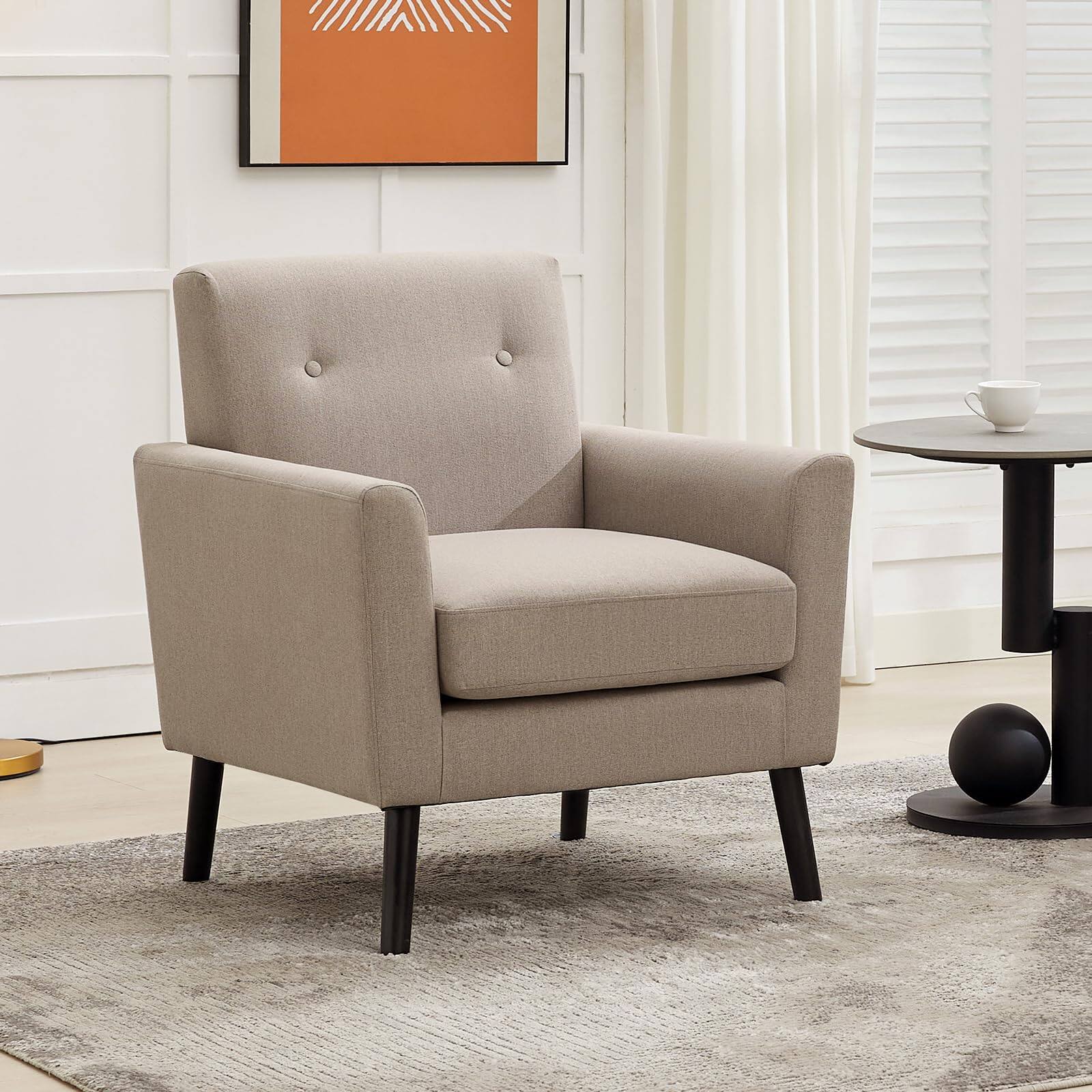 Jojoka - Mid-Century Accent Chair, Chenille Upholstered Living Room Chair with Thicker Seat Cushion & Solid Wood Legs - Gray