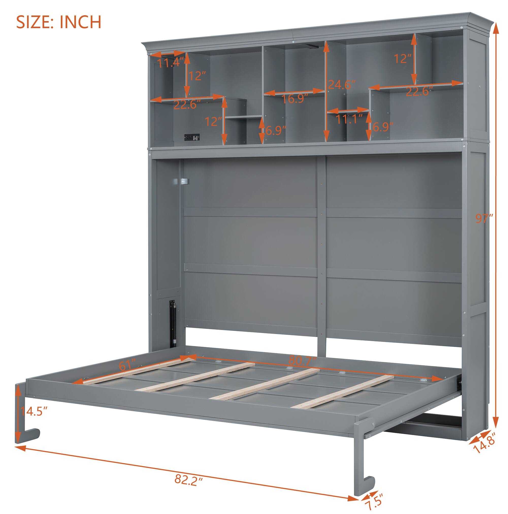 SIZE: INCH

- Width: 82.2"
- Depth: 14.8"
- Height: 97"

- Top Shelf:
  - Width: 22.6"
  - Depth: 12"
  - Height: 11.4"

- Middle Shelf:
  - Width: 22.6"
  - Depth: 12"
  - Height: 16.9"

- Bottom Shelf:
  - Width: 22.6"
  - Depth: 11.1"
  - Height: 16.9"

- Drawer:
  - Width: 80.7"
  - Depth: 4.5"
  - Height: 7.5"

- Total Height: 97"