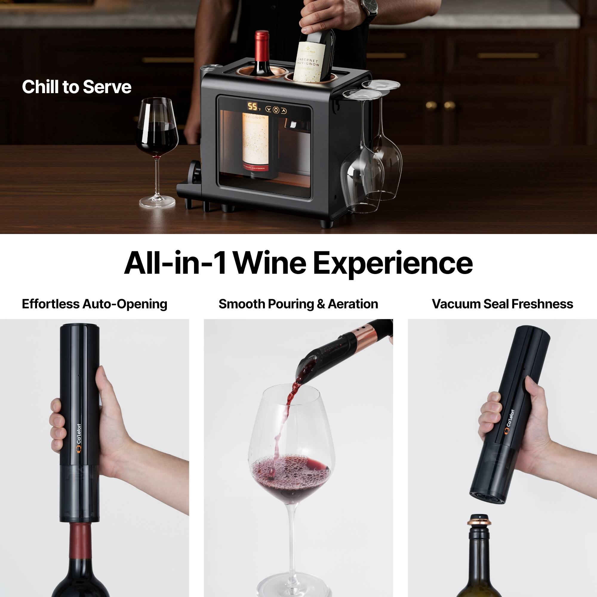 Sure, here is the corrected and grouped text from the image:

---

**Chill to Serve**

**All-in-1 Wine Experience**

- Effortless Auto-Opening
- Smooth Pouring & Aeration
- Vacuum Seal Freshness

---

**da'Lettort 1 Caaron**