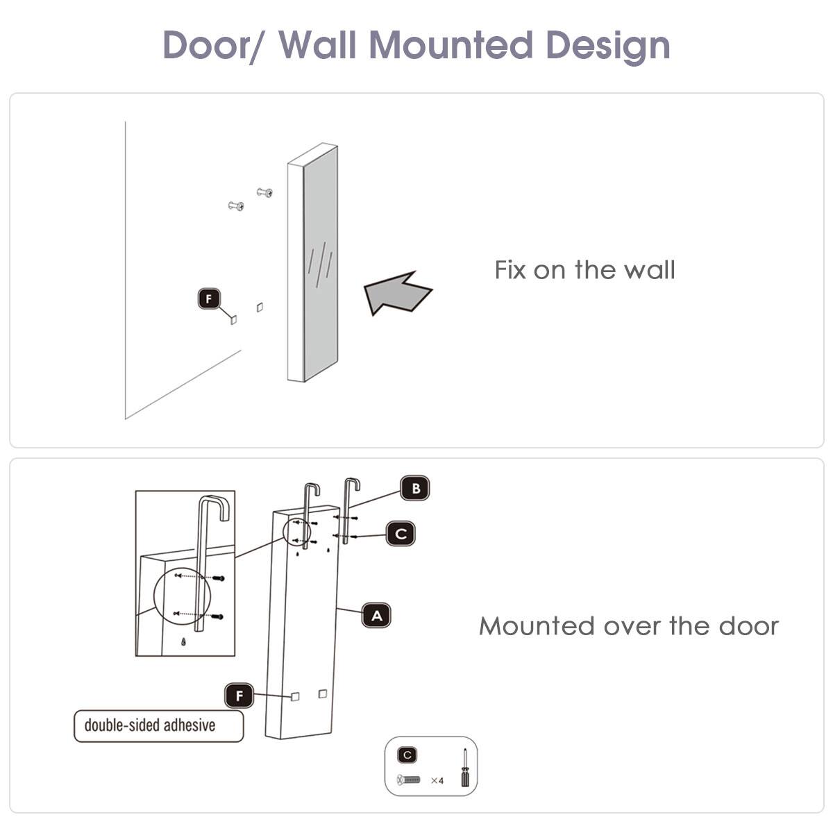 Door/ Wall Mounted Design: Fix on the wall (B) C Mounted over the door (A) double-sided adhesive x4