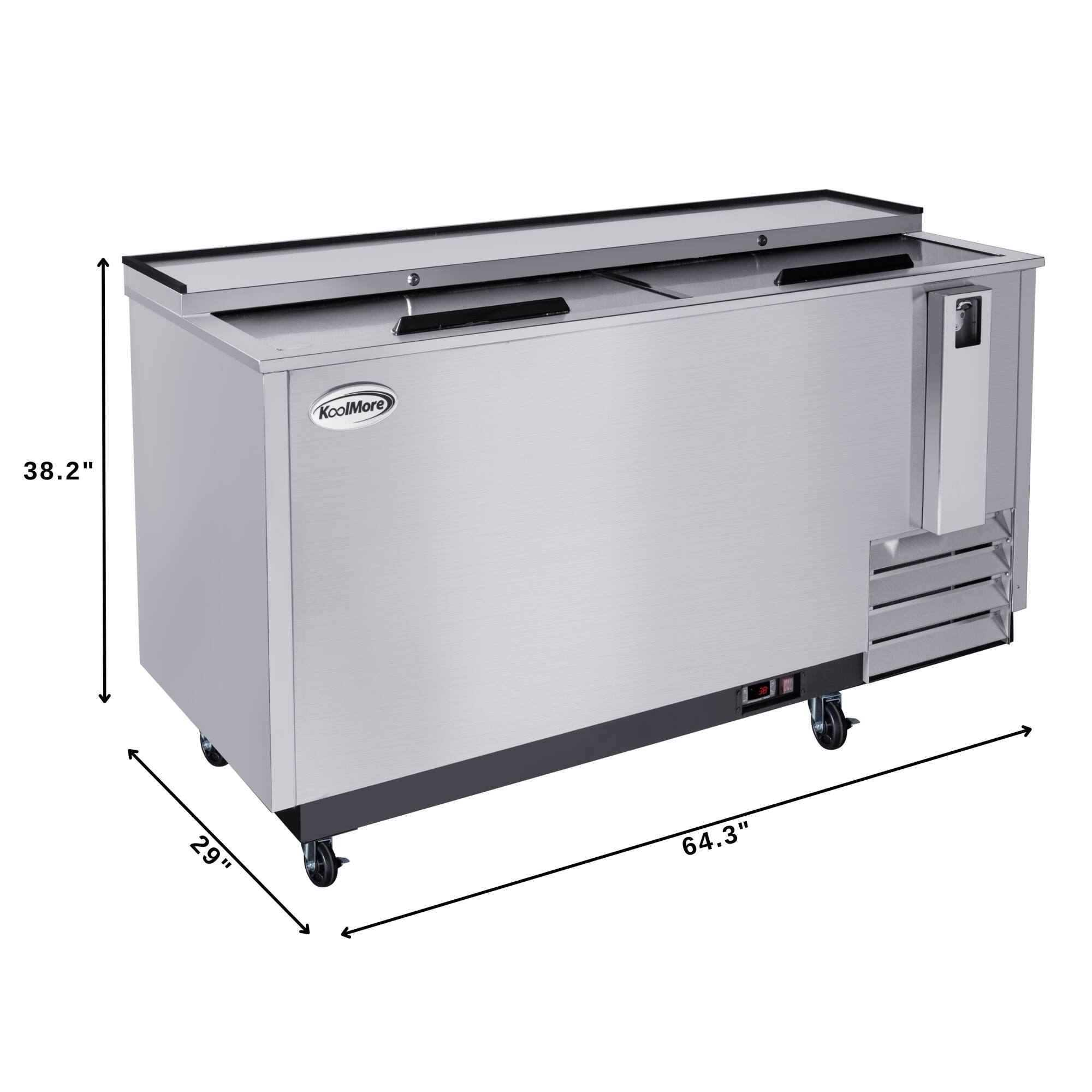 The text on the image reads "KoolMore 38.2" 29" 64.3". This information indicates the dimensions of the stainless steel cooler, which measures 38.2 inches in width, 29 inches in height, and 64.3 inches in depth.