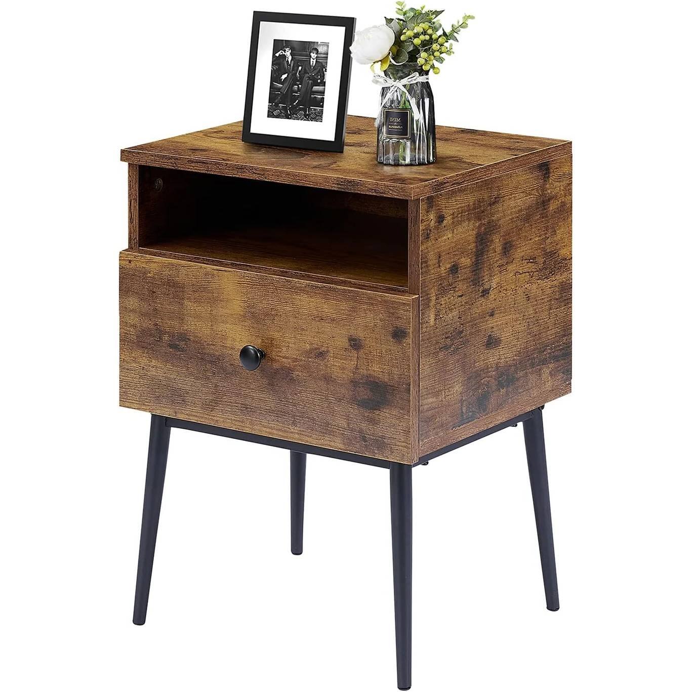 Angle. Hivvago - Set of 2 - Mid Century Modern Side Table Nightstand in Brown Black Wood Finish - Brown, Black.