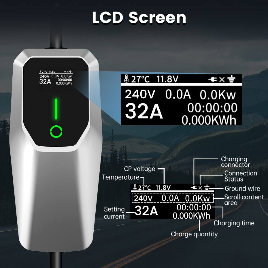 LCD Screen  
127C 11.8V  
240V 0.0A 0.0Kw  
00:00:00  
32A  
0.000KWh  
I O  
27C 11.8V  
240V 0.0A 0.0Kw  
32A  
0.000KWh  
Charging connector  
CP voltage  
Connection  
Temperature  
Status  
Ground wire  
Scroll content area  
Setting  
current  
Charging time  
Charge quantity