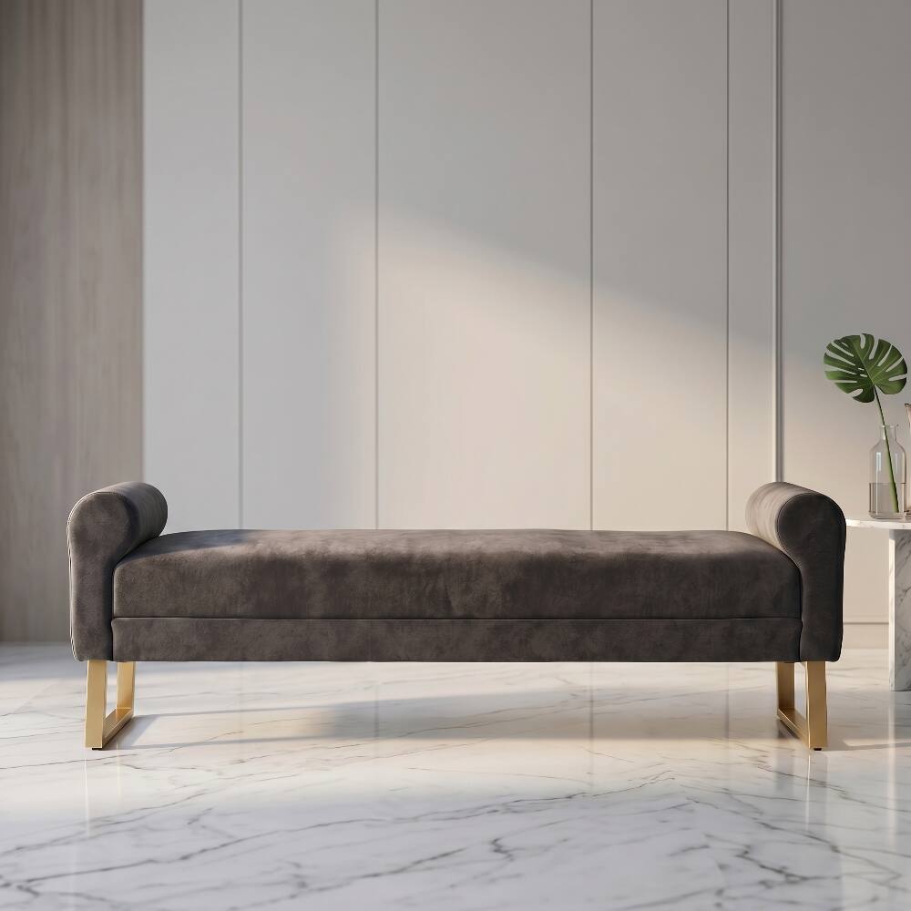 Alt View 1. Ropilly - 65" Dark Grey Chenille End of Bed Bench with Gold Legs, Modern Upholstered Ottoman Bench - Dark Grey.