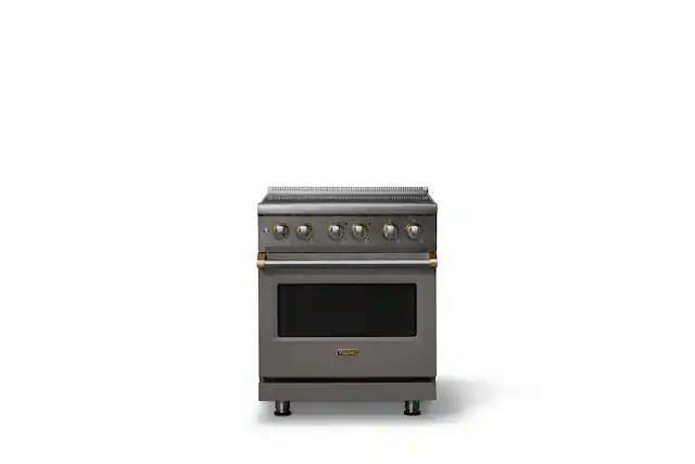 Front. Viking - 30 in. Wide 4 Elements Pro 5 Series 4.7 Cu. Ft. Freestanding Induction Convection Range - Damascus Gray w. Brushed Brass - Damascus Gray.