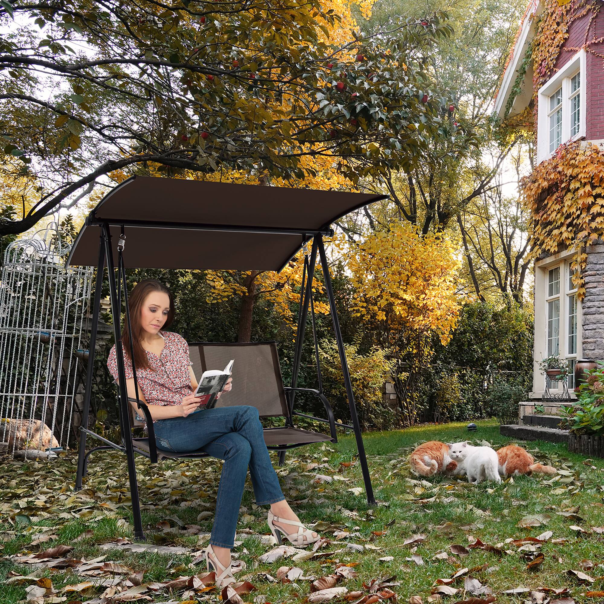 Alt View 2. Costway - Costway 2-Seat Patio Swing Porch Swing with Adjustable Canopy for Garden - Dark Brown.