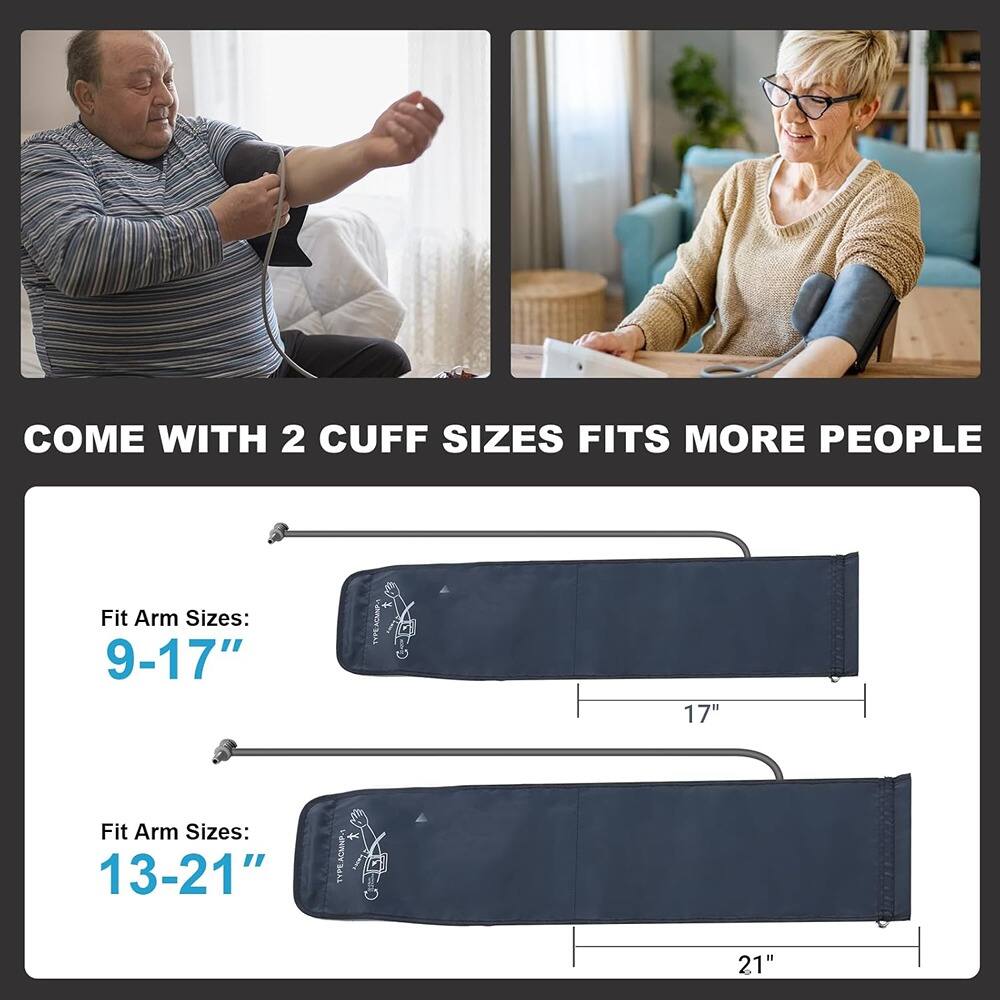 COME WITH 2 CUFF SIZES FITS MORE PEOPLE

Fit Arm Sizes: 9-17"

Fit Arm Sizes: 13-21"