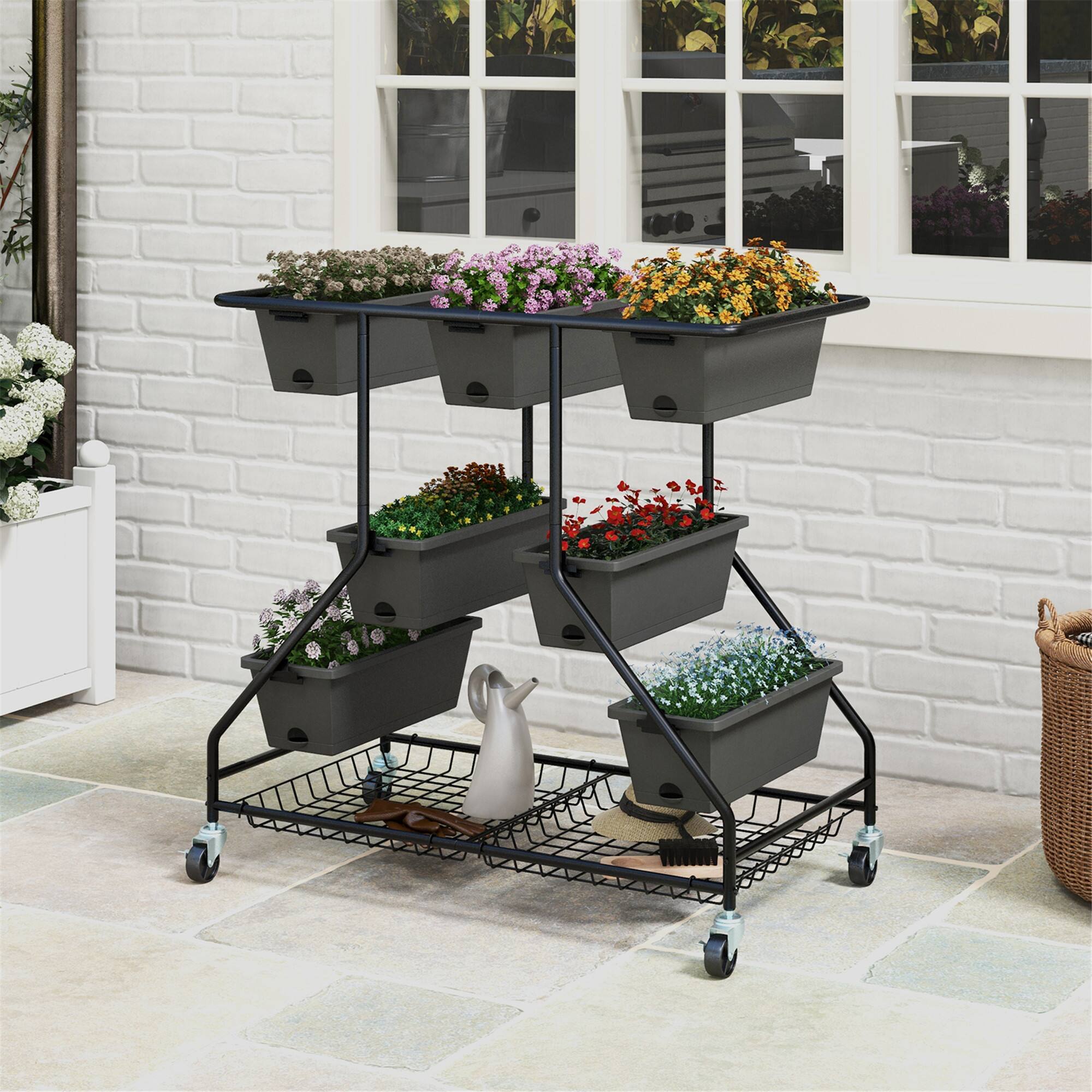 Alt View 3. Gymax - Gymax 3-tier Vertical Raised Garden Bed w/ 7 Planter Boxes Drainage Holes Storage Shelf - Grey, Black.