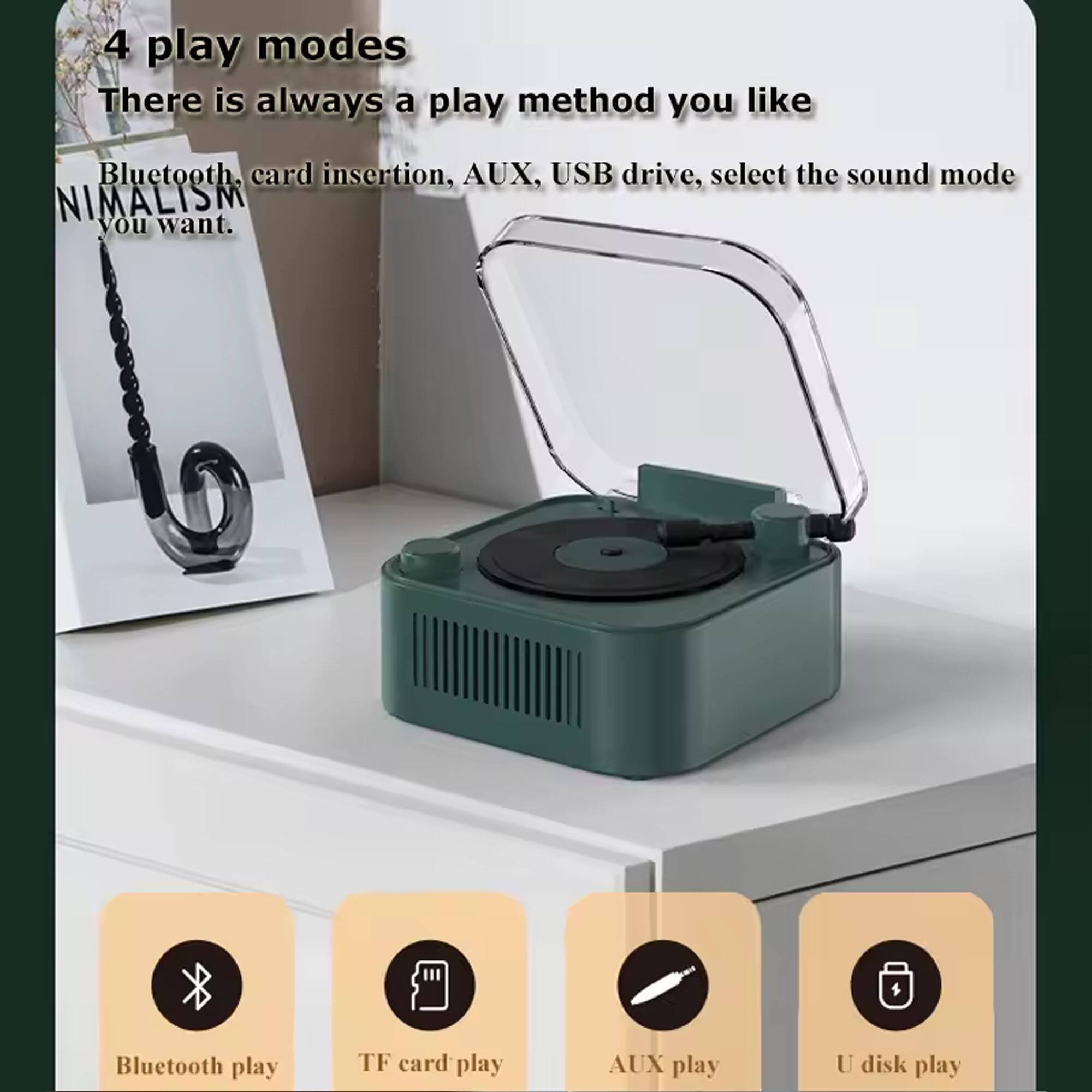 4 play modes  
There is always a play method you like  
Bluetooth, card insertion, AUX, USB drive, select the sound mode you want.  

Bluetooth play  
TF card play  
AUX play  
U disk play