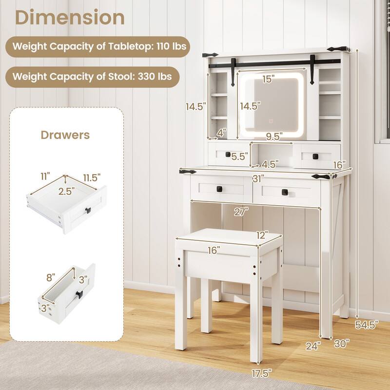 Dimension  
Weight Capacity of Tabletop: 110 lbs  
Weight Capacity of Stool: 330 lbs  

Drawers  
11" x 11.5" x 2.5"  
8" x 3" x 3"  

15"  
14.5"  
14.5"  
4"  
9.5"  
5.5" x 4.5" x 31"  
16"  
27"  
16"  
12"  
24" x 30"  
54.5"  
17.5"